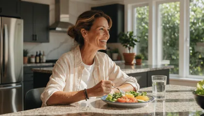 Mujer sonriente comiendo un plato de verduras en la cocina
