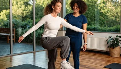 Mujer mayor haciendo un ejercicio de equilibrio junto a su fisioterapeuta